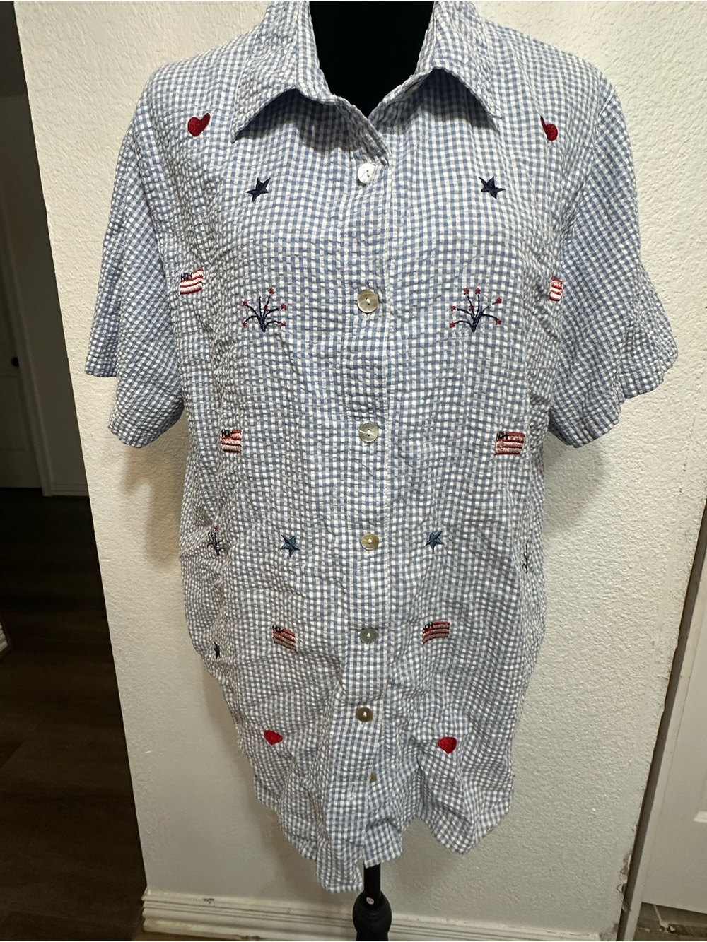 Teddi Blue Gingham Button-Down Shirt with Red & Navy Embroidery